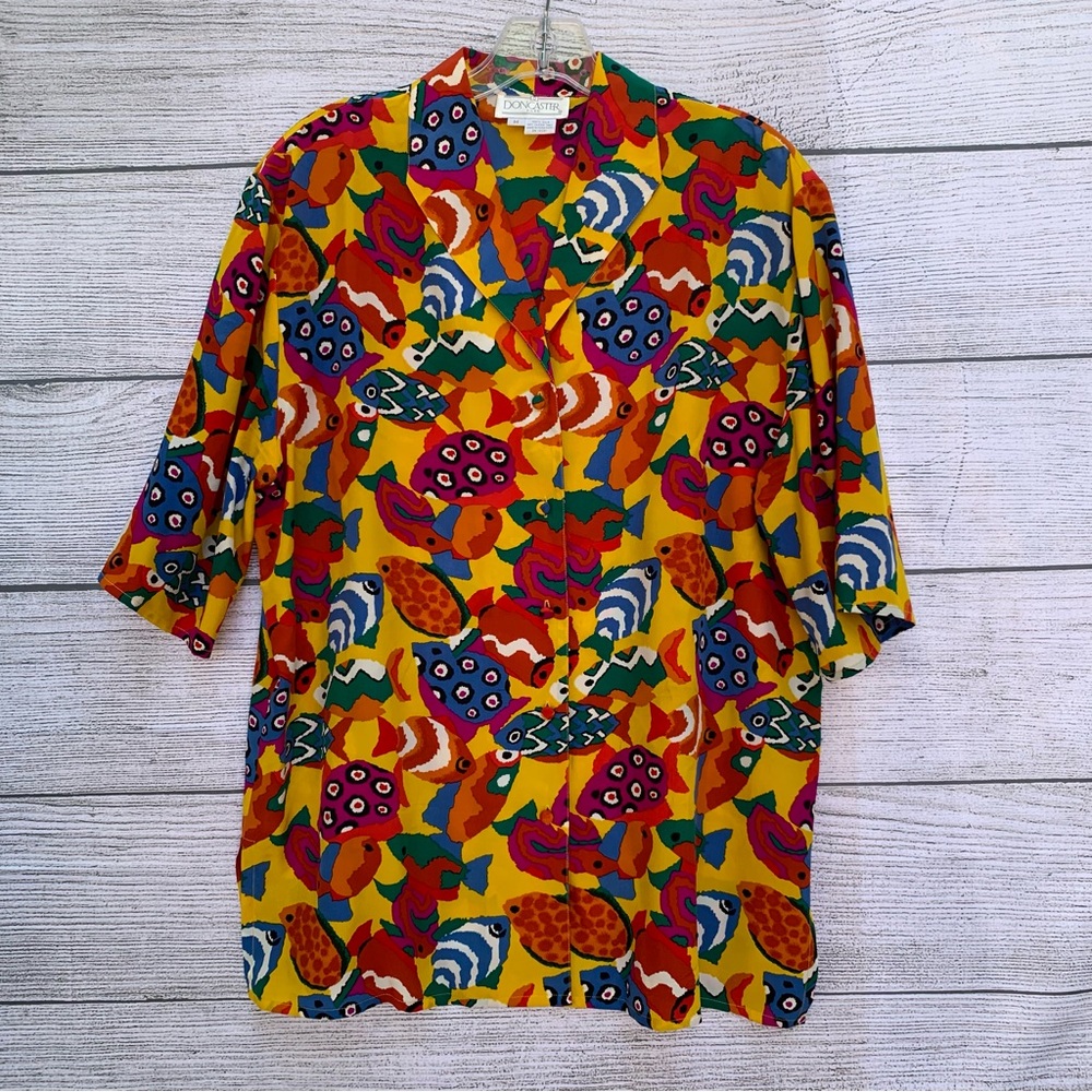 Vtg Doncaster Shirt Blouse Top Womens M Silk Abstract Tropical Fish Colorful